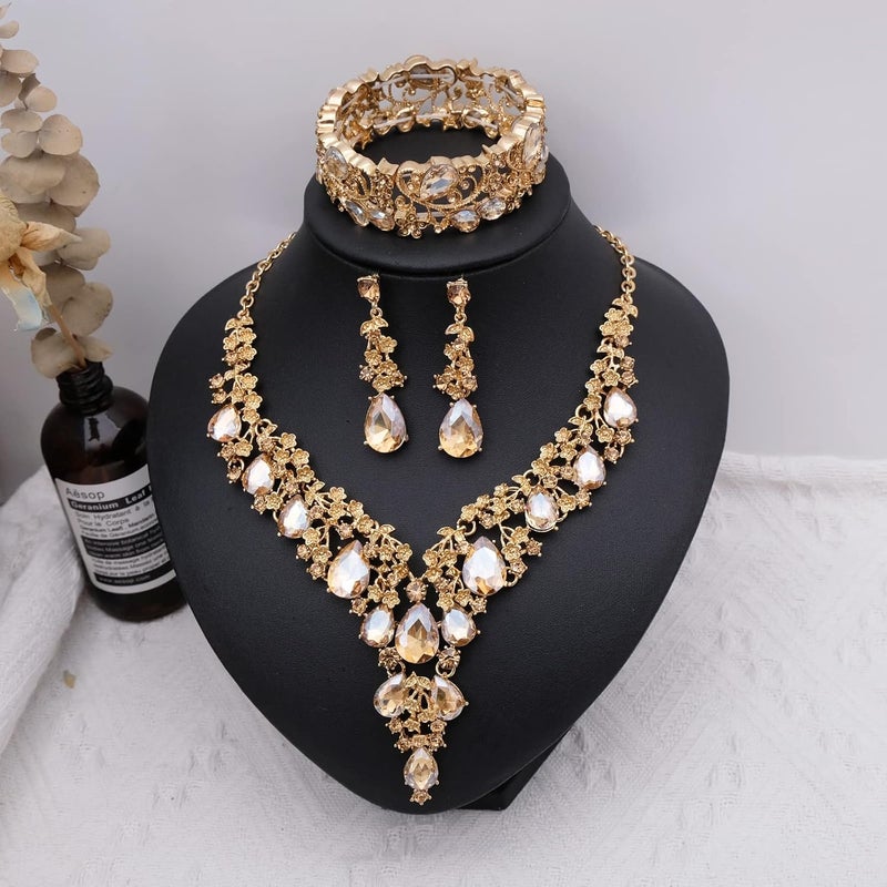 CSY Elegant Crystal Costume Jewelry Sets Flower Bridal Necklace Earrings Stretch Bangle Set for Bride Bridesmaid Wedding Dress Accessories - Image 3